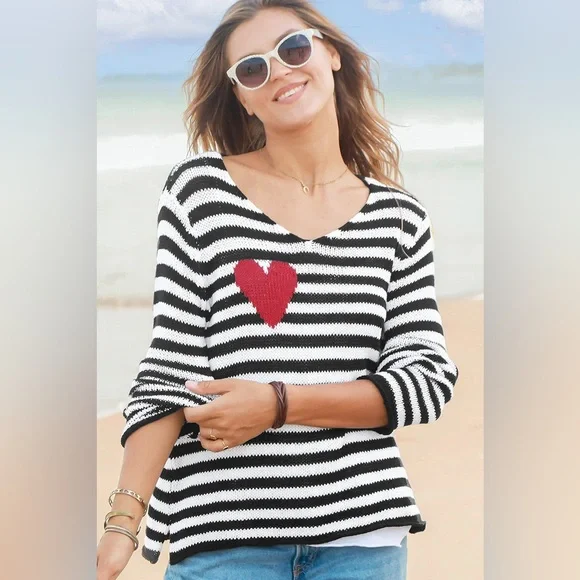 WOODEN SHIPS Eloise Heart V Neck Cotton Sweater Black and White Stripes Size S/M - Picture 8 of 8